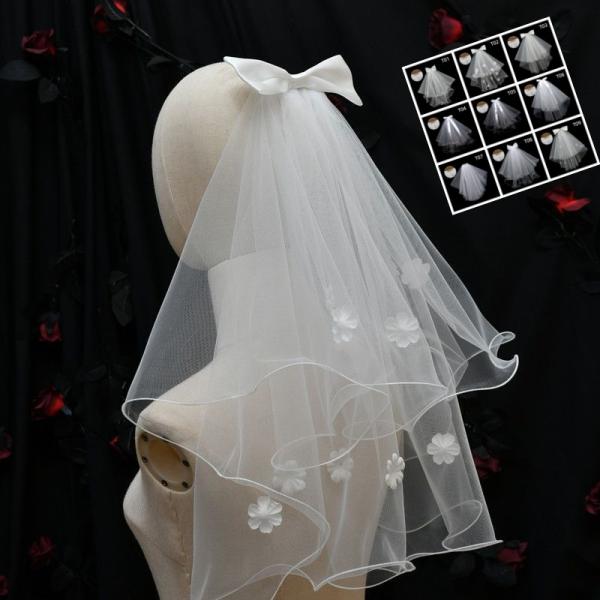 リボンヴェール ヘアクリップ付きヴェール 結婚用ヘアアクセサリー ライト付き 二層 真珠 プロポーズ...