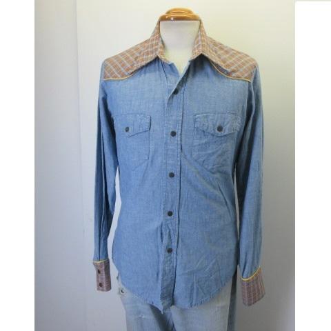 70s ウエスタン　長袖　柄シャツ　SM　シャンブレー　アメカジ古着　bsy247
