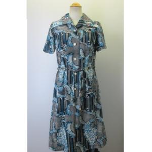 昭和レトロ ワンピース 長袖 青 9号 house of yamaki JAPAN古着