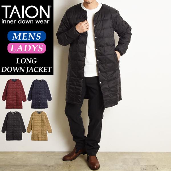 TAION タイオン ロング インナーダウンジャケット ダウンコート クルーネックボタン オーバーサ...
