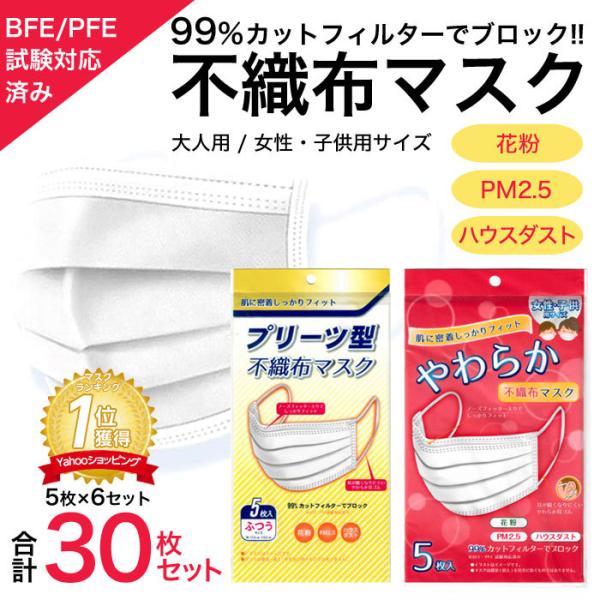 不織布マスク 30枚 使い捨て 送料無料 当日出荷 5枚 6パック 花粉 ウィルス PM2.5 対策...