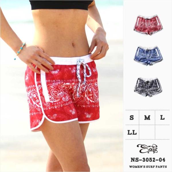サーフパンツ レディース 水着 ショート パンツ ウエストゴム 水陸両用 ペイズリー ns-3052...