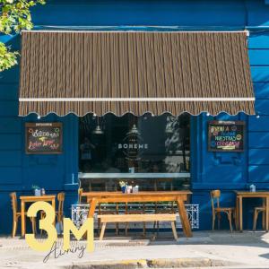 オーニングテント 日よけ 雨よけ 伸縮 幅3m×張出2m 青白 ストライプ