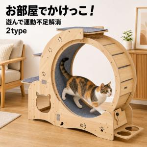 キャットホイール 猫 大きい ランニングホイール 木製 キャットランナー おもちゃ 室内運動用 ステップ付き 食器台 爆買