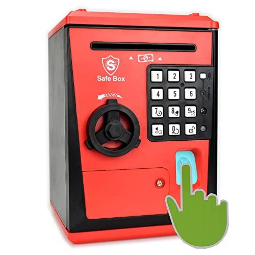 指紋認証システムを真似たデザインを持つ貯金箱,解錠時間を記録する子供用小型金庫であり、紙幣を自動で吸...
