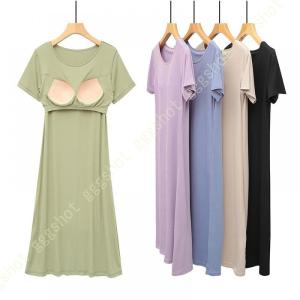 ネグリジェ レディース 綿 グリーン 無地 丸首 カップ付き