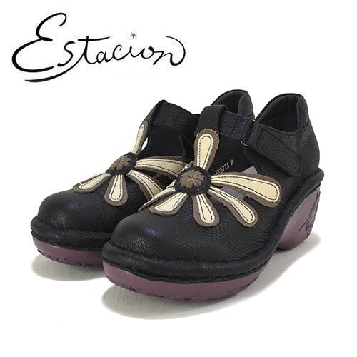 エスタシオン　Estacion　革　花モチーフ　甲ストラップ　ヒールアップシューズ