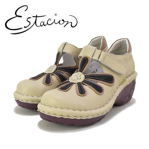 エスタシオン　Estacion　革　花モチーフ　甲ストラップ　ヒールアップシューズ