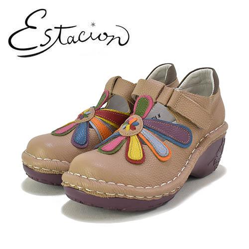 エスタシオン　Estacion　革　花モチーフ　甲ストラップ　ヒールアップシューズ