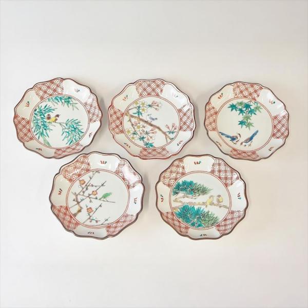 九谷焼 4寸モッコ皿揃 小鳥春秋 ：美山窯 5枚揃え 四季 花鳥 ギフトに