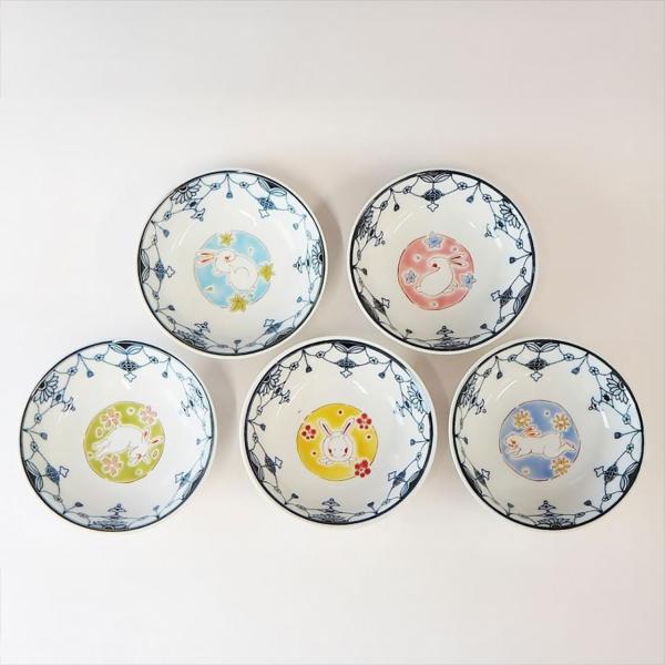 九谷焼 4寸瓔珞小鉢揃 うさぎ五彩 ：美山窯 ５枚揃え うさぎ 動物 かわいい