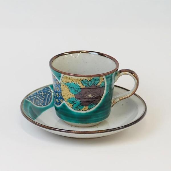 九谷焼切立コーヒーカップ＆ソーサー　グリーン丸紋：美山窯