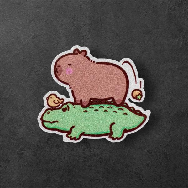 ワニに乗っているカピバラ Sサイズ ことり みかん かわいい 癒し キャラ カーステッカー 車用屋外...