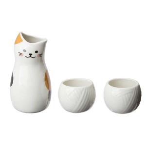 サンアート かわいい食器 「 だんらん酒 とっくり 」 三毛ねこ 徳利・お猪口セット 白 SAN2524 （ギフト対応不可）｜giftman