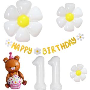 誕生日 バルーン 7歳 誕生日 飾り付け 女の子 32inch 数字 バルーン 白 7 付け デイジーバルーン ホワイト 花 バルーン 3pcs 3D 立体 お座りくまとケーキ｜giftvillage