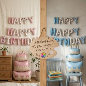 誕生日 飾り付け ケーキバルーン ガーランド　2点セット HAPPY BIRTHDAY 風船 飾り くすみカラー ニュアンスカラー チェック 可愛い 女の子 男の子