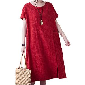 半袖ワンピース 膝丈 夏 半袖 無地 ゆったり エレガント ドレス 体型カバー 着痩せ 赤色 ミモレ