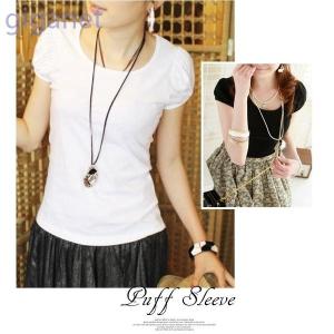 キュートパフスリーブ半袖tシャツ白カットソーパフスリーブtシャツ袖ボリュームトップス