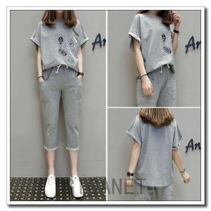 スウェットレディース上下Tシャツ半袖スウェットパンツ7分丈クロップドパンツパンツポケ付き部屋着スリム人気大きいサイズus-069