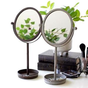 鏡 ミラー おしゃれ アイアン 卓上ミラー スタンドミラー トレイ付き ラウンドミラー 丸型 アンティーク風 レトロなアイアンのスタンドミラー 2カラー