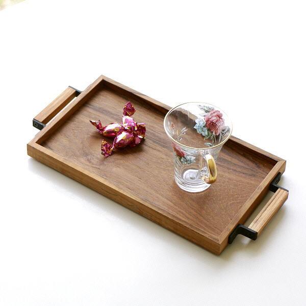 トレー トレイ 木製 おしゃれ お盆 小さめ チーク材 スタッキング 天然木 ハンドル付き 持ち手付...