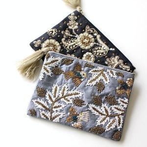 ポーチ 小物入れ おしゃれ マチなし かわいい ミニ ビーズ刺繍 デザイン 化粧ポーチ アクセサリー ザリ＆刺繍ポーチ 2カラー｜gigiliving