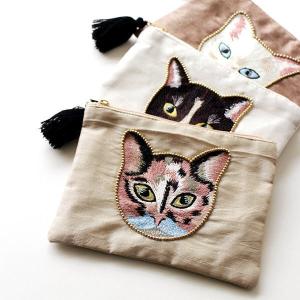 ポーチ 小物入れ 猫 ねこ おしゃれ 刺繍 丸 フラット かわいい スクエアポーチ アクセサリー入れ メイクポーチ 小物入れ キャット刺繍ポーチ A 3タイプ