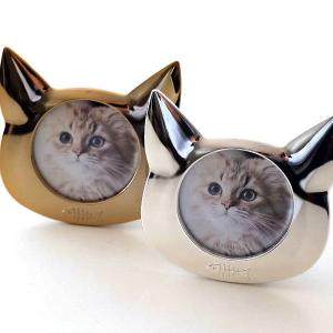 フォトフレーム 卓上 写真立て 猫 ねこ ネコ おしゃれ フォトスタンド かわいい 小さい ミニ コンパクト デザイン メモリアル ネコのメタルフレーム 2カラー｜gigiliving