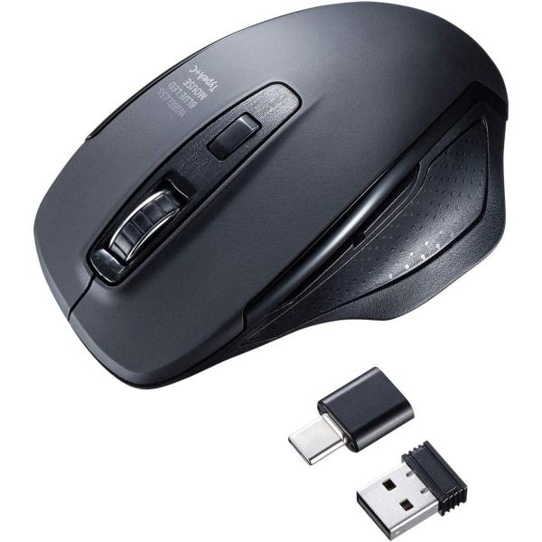 サンワサプライ 静音ワイヤレスブルーLEDマウス Type-C・Aコネクタ付属 大型 5ボタン MA...