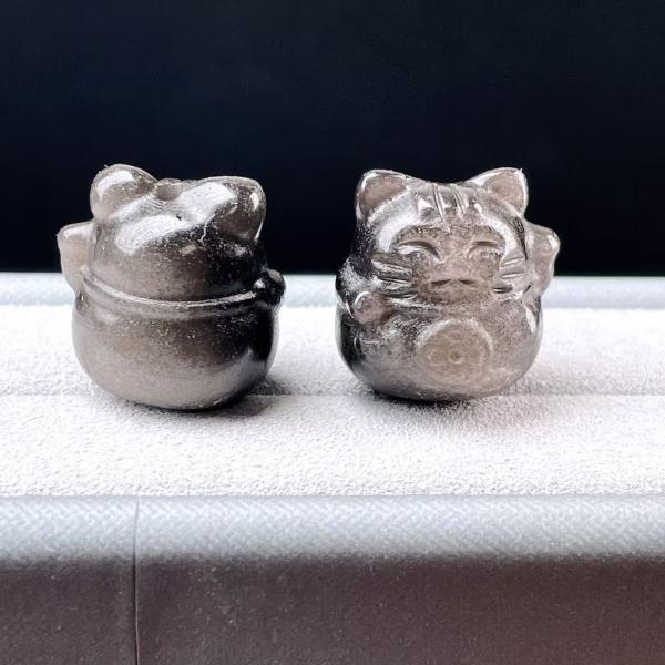 PROME 天然石 特別仕様品・シルバーオブシディアン・16x16x13mm・招き猫・貫通孔・P48...