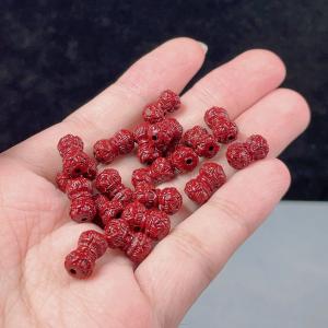 PROME 天然石 朱砂 辰砂・シナバー 彫刻ビーズ 【 双頭蓮 吉祥・瑞兆】12*8mm 穴あり一粒売りビーズ　P9400