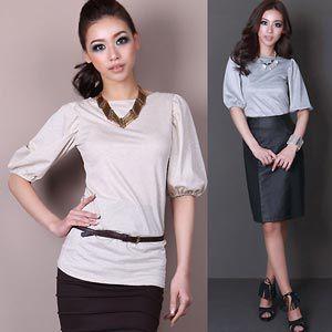 パフスリーブ　パールカットソー l 返品・交換不可