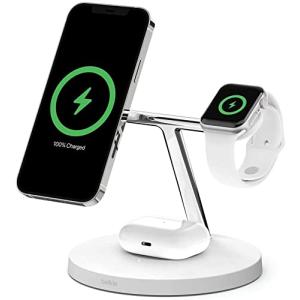 Belkin 3 in 1 MagSafe充電器 ホワイト WIZ009dqWH 最大15W高速充電 ワイヤレス充電器 MagSafe公式認証 iPhone 12 以降 / Apple Watch / AirPods 対応