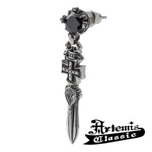 ダガー シールド ブラックジルコニア ドロップ シルバー ピアス