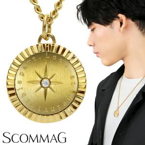 SCOMMAG ステンレス コンパス コイン ネックレス ゴールドカラー (チェーン付き) ペンダント メダル コイン メンズネックレス ジルコニア 爆買