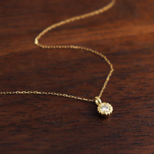 K18 一粒 天然 ダイヤモンド ゴールド ネックレス 18金 18k ミル打ち ダイヤ シンプル ...