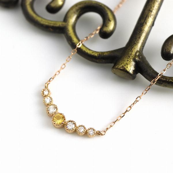 シトリン ダイヤモンド カーブ ライン ネックレス ピンクゴールド K10 10金 10k ゴールド...