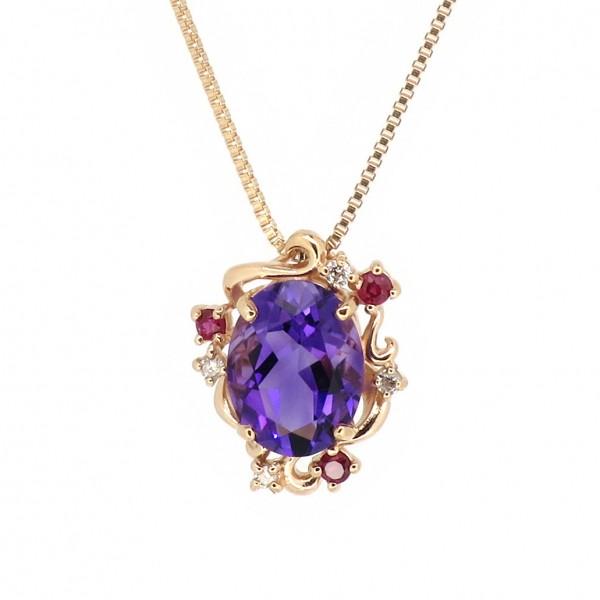 カラフル ゴールドネックレス(チェーン付きペンダント) ファンシーカラー マルチカラー 粒 ストーン...