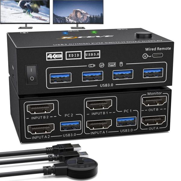 デュアル モニター HDMI KVM 切替器 4K@60Hz 2ポート拡張ディスプレイ USB3.0...