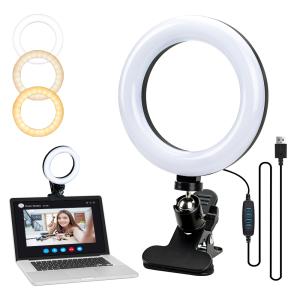 SOFER リングライト クリップ式 6.3インチ LEDリングライト 卓上 照明 高輝度 3色モード 10段階調光 USB給電式 360度回転 Zoom用ライト パソコン ビデオライト