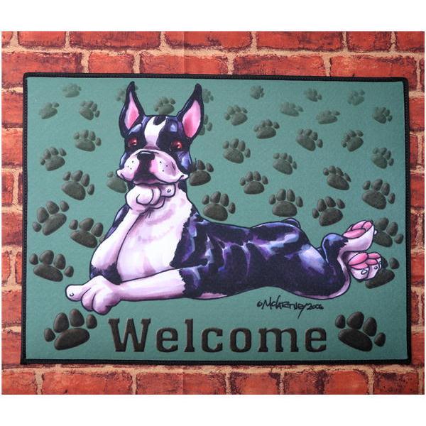 在庫限り　ウェルカムマット　ボストンテリア　グリーンマット　輸入雑貨　犬雑貨　犬グッズ