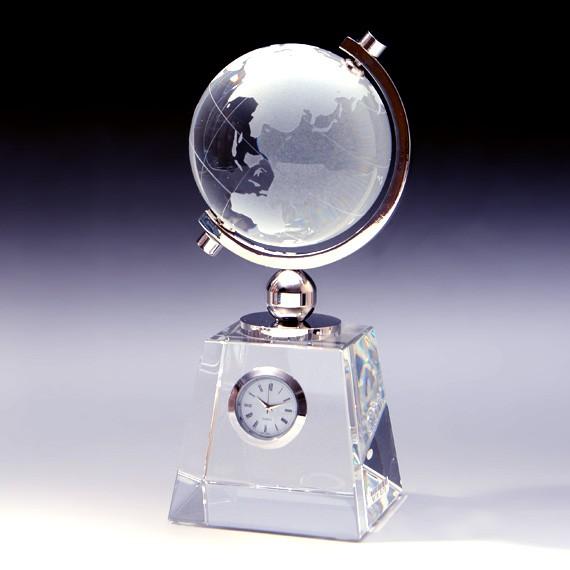 クリスタルインテリア 水晶球80mm シルバー時計付き地球儀 台座付き ／NKTR-0573銀