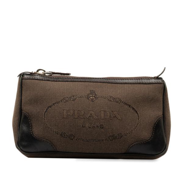 プラダ ロゴジャガード ポーチ ブラウン キャンバス レザー レディース 【中古】 PRADA