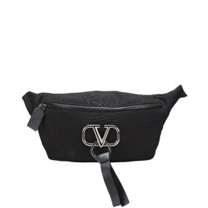 ヴァレンティノ Vロゴ ボディバッグ ベルトバッグ ブラック キャンバス レザー レディース VALENTINO 【中古】