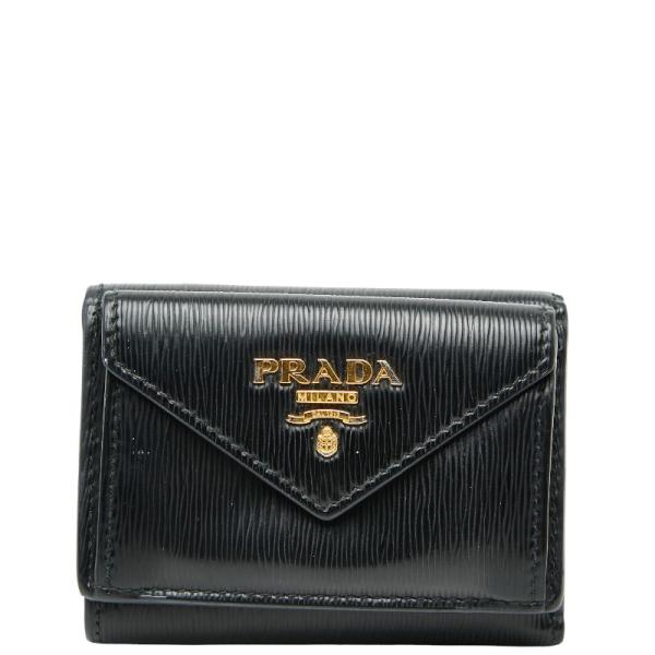 プラダ 三つ折り財布 コンパクトウォレット ブラック レザー レディース PRADA 【中古】