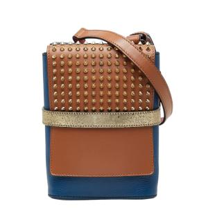 クリスチャンルブタン ベンチリポーター 斜め掛け ショルダーバッグ スタッズ ブルー ブラウン レザー Christian Louboutin 【中古】
