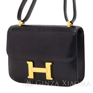 【中古】 HERMES エルメス コンスタンス23 リザード ブラック ゴールド金具 □A刻印 ショルダーバッグ 黒｜ginzaxiaoma