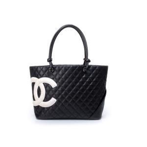 シャネル CHANEL カンボンライン ラージトート ラムスキン 黒 白 中古　｜ginzo1116