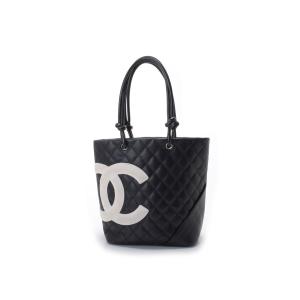 シャネル CHANEL カンボンライン ミディアムトート ラムスキン 黒×白 中古　｜ginzo1116