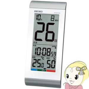 セイコークロック 掛置兼用時計 日めくりカレンダー・電波 デジタル 温度・湿度表示 銀色メタリック ...
